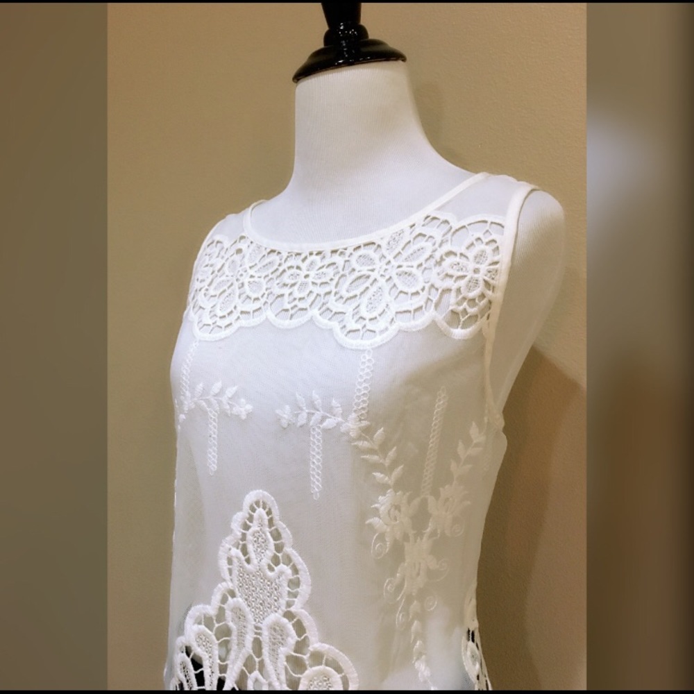 Karen Kane Embroidered Ivory Mesh Lace Tank Top - Picture 4 of 5